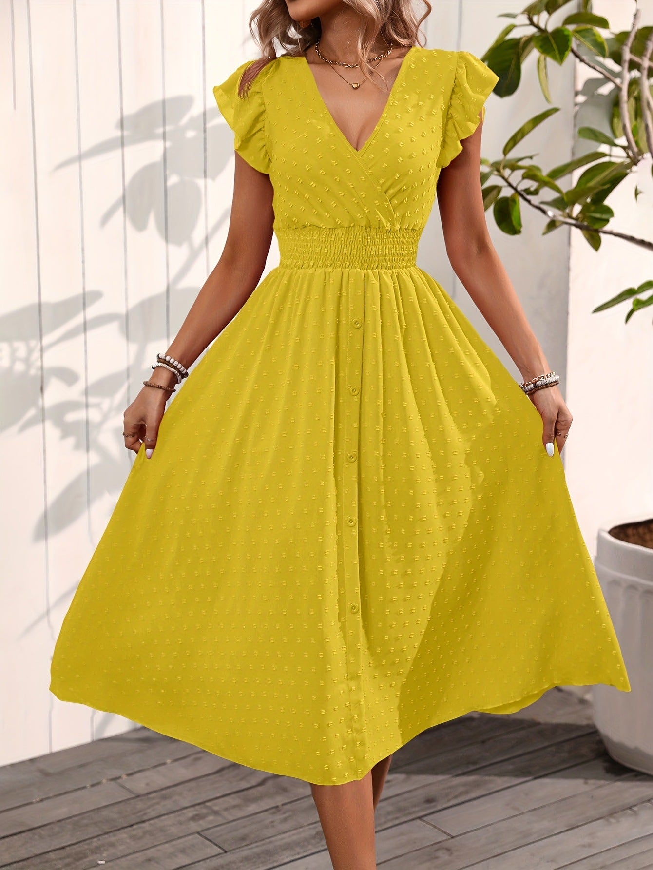 Women's Elegant V-Neck Maxi Dress – Summer Short Sleeve Dress with Ruffled Sleeves