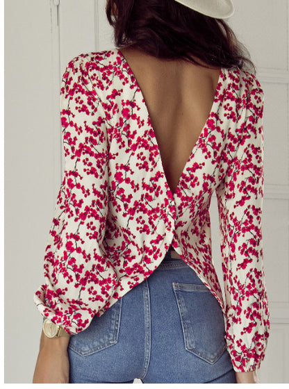 Red Floral Print Long Sleeve Open Back Blouse