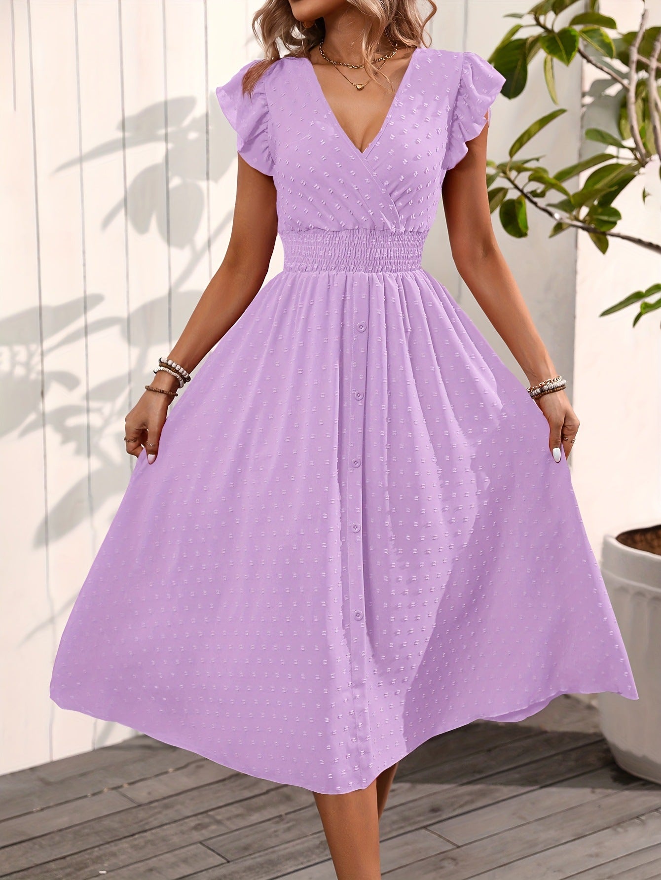 Women's Elegant V-Neck Maxi Dress – Summer Short Sleeve Dress with Ruffled Sleeves