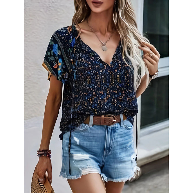 Women's Casual Short Sleeve Shirts Summer Boho Printed V Neck Drawstring Tunic Blouses