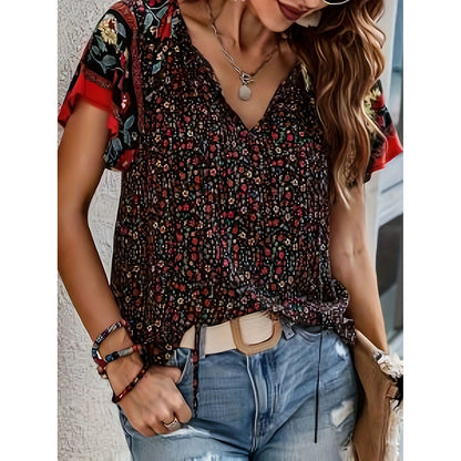 Women's Casual Short Sleeve Shirts Summer Boho Printed V Neck Drawstring Tunic Blouses