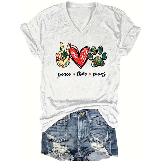 Women’s V-Neck Short Sleeve Tee with Scissor Hands, Heart & Paw Prints – Casual Summer T-Shirt