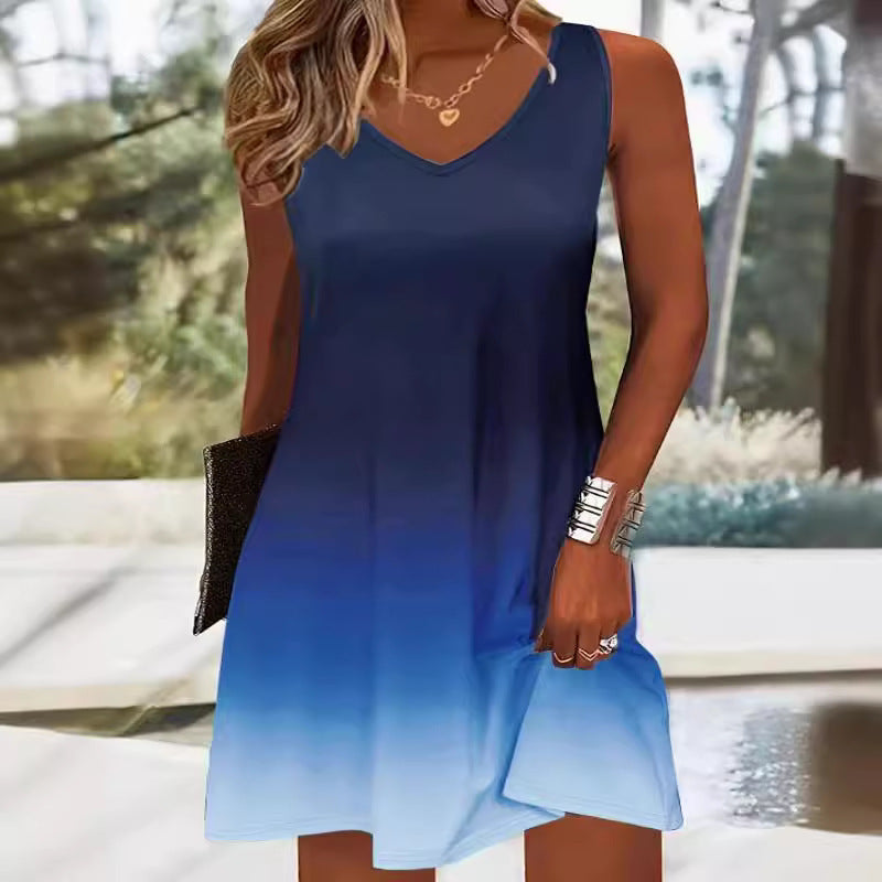 Women's Sleeveless Gradient Color Strap Dress – V-Neck Printed Casual Summer Dress
