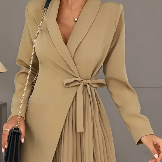 Women's Solid Color Pleated Blazer Dress – Elegant Suit Jacket Style for Office & Formal Wear