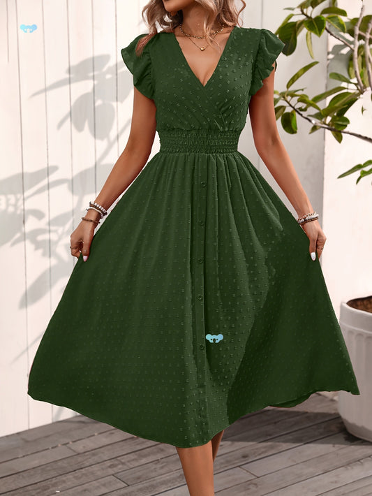 Women's Elegant V-Neck Maxi Dress – Summer Short Sleeve Dress with Ruffled Sleeves