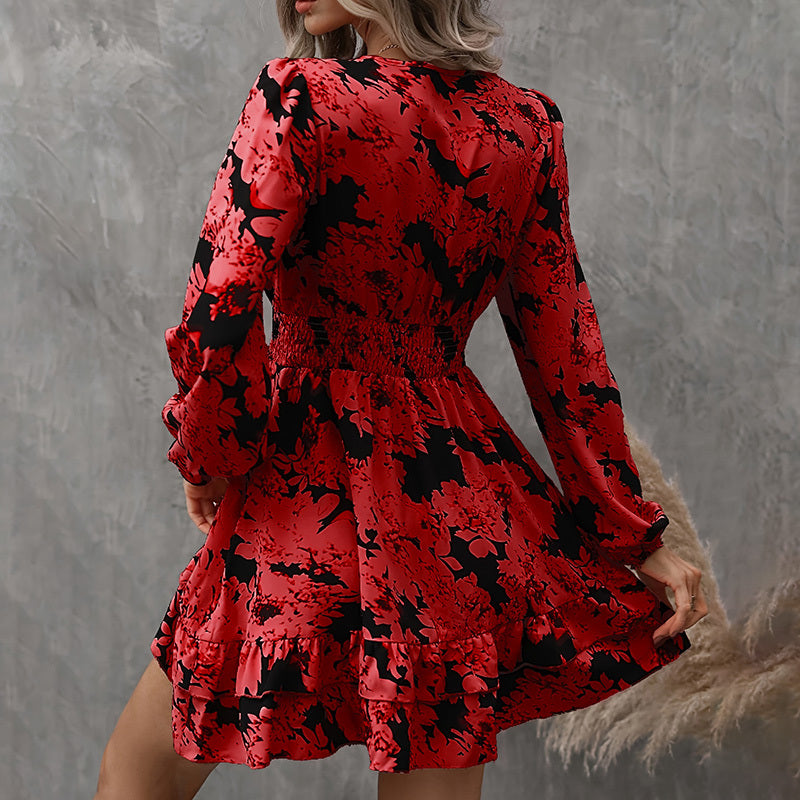 Women's Elegant Printed Lantern Sleeve A-Line Dress V-Neck, Ruffled Gathered Waist Detail, Flowy Midi Dress For Casual & Formal Occasions
