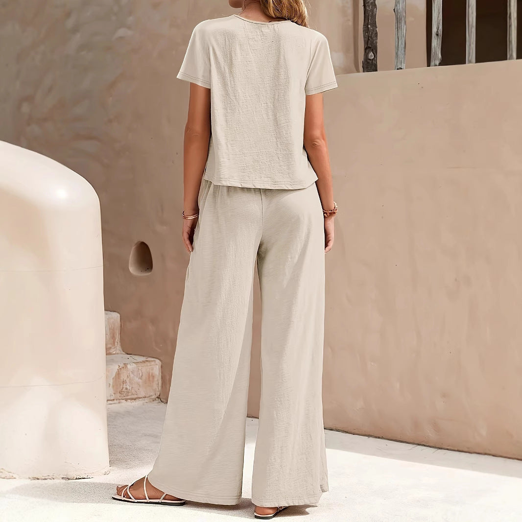 Women's Casual Solid Color Top & Wide Leg Pants Set - Stylish Two-Piece Outfit