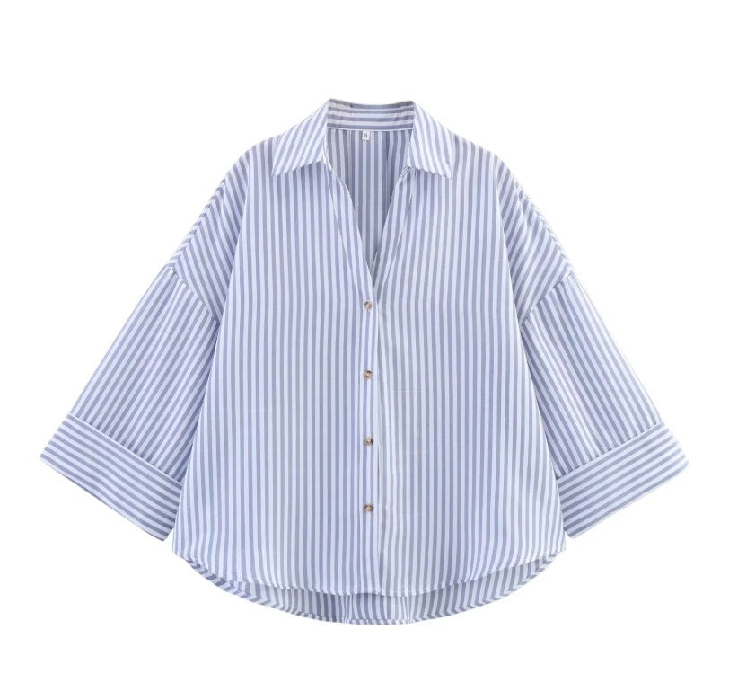 Women's Striped Lapel Shirt - Casual Wide Sleeve Blouse for All-Matching Outfits