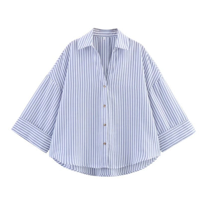 Women's Striped Lapel Shirt - Casual Wide Sleeve Blouse for All-Matching Outfits