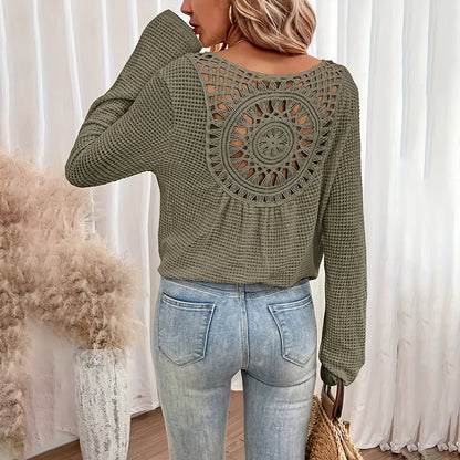 Women's Solid Color V-Neck Long Sleeve Knit Top - Sexy Backless T-Shirt With Sheer Cutout Details, Elegant Blouse For Spring&Summe