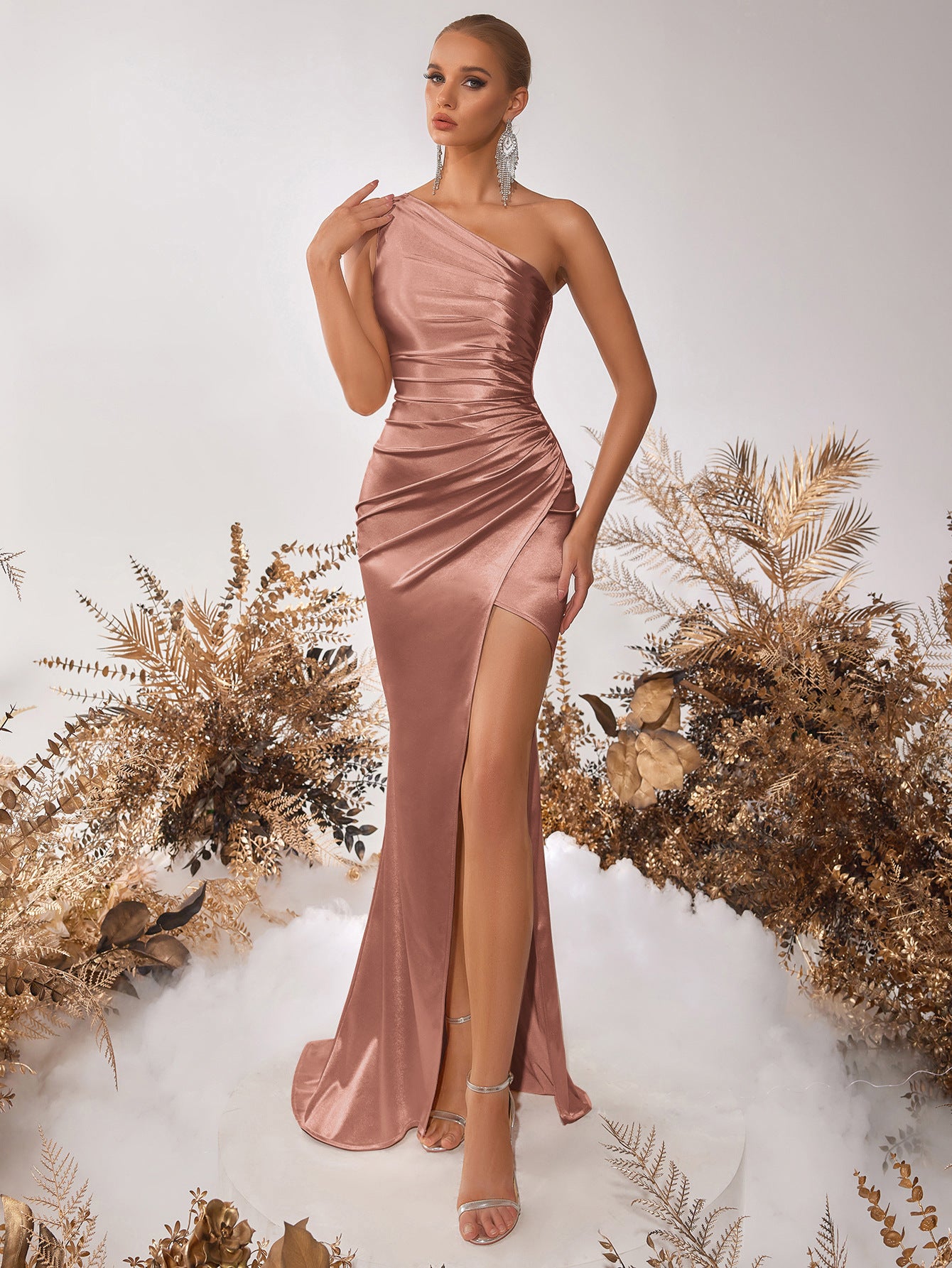 One-shoulder Pleated Slim Fit Slit Sexy Goddess Party Evening Dress
