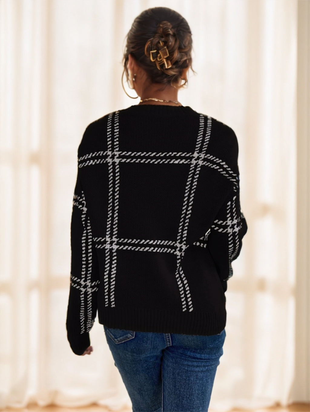 Plaid Pattern Drop Shoulder Sweater Long Sleeve Tops