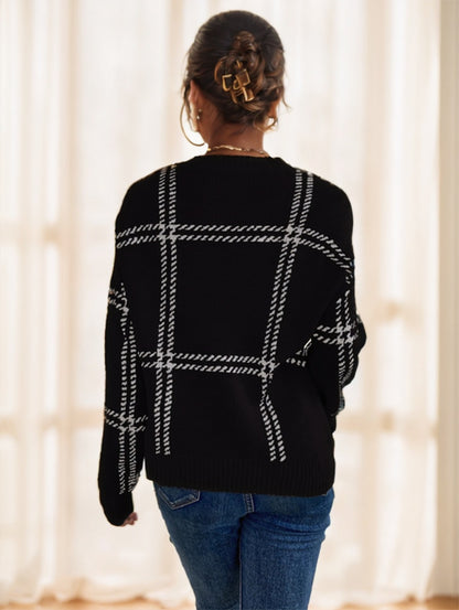 Plaid Pattern Drop Shoulder Sweater Long Sleeve Tops