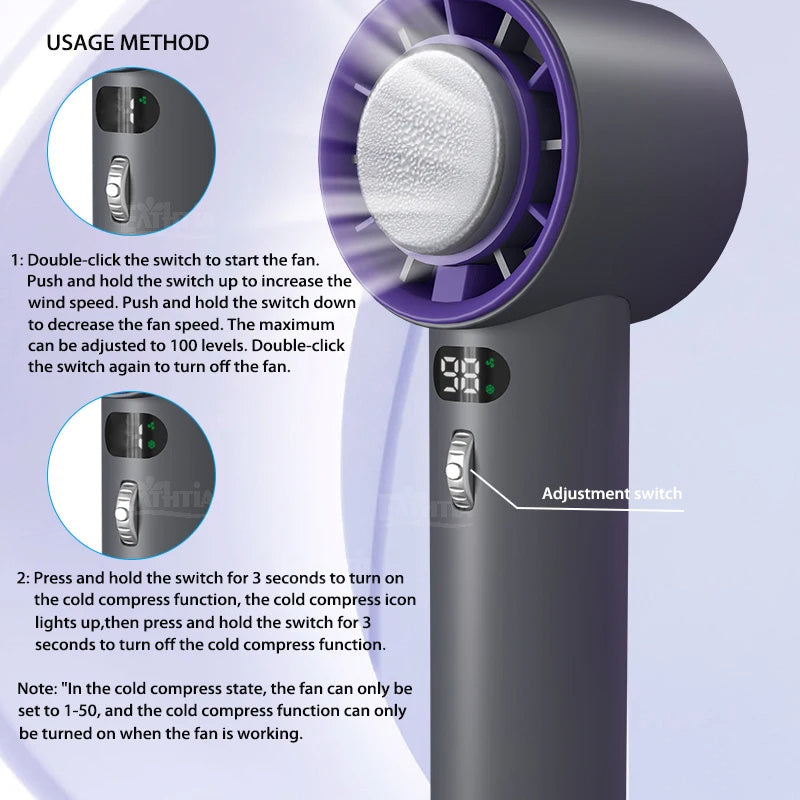 Portable Handheld Turbo Fan with Cooling Technology – 3000mAh Rechargeable Battery | Cold Compress + Adjustable Wind Speeds | Mini USB Personal Fan for Summer Relief