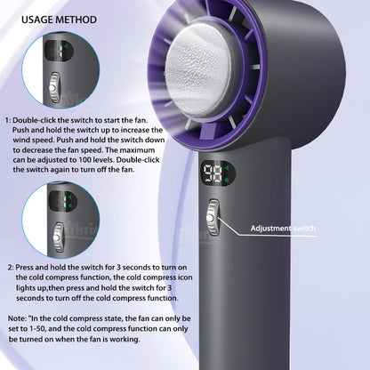 Portable Handheld Turbo Fan with Cooling Technology – 3000mAh Rechargeable Battery | Cold Compress + Adjustable Wind Speeds | Mini USB Personal Fan for Summer Relief
