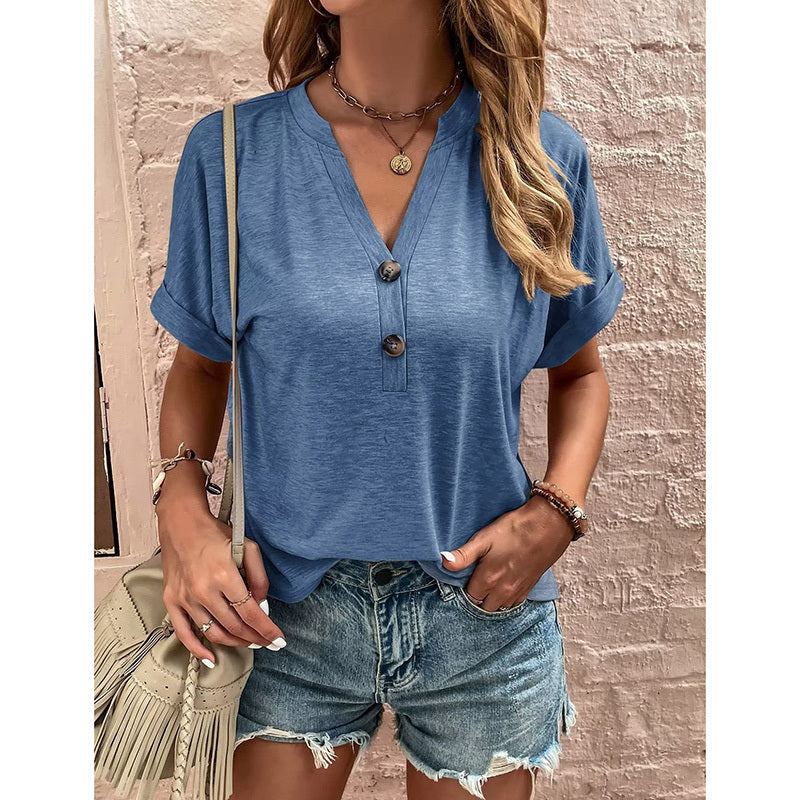 Women's Summer Short Sleeve Button-Down Shirt - V-Neck Business Casual Tunic Top