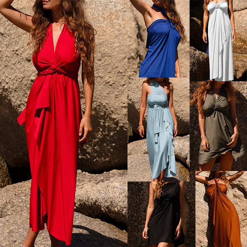 Women's Sexy Tube Top Halter Backless Dress – Sun Protection, Multi-Way Wear, Summer Beach Outfit