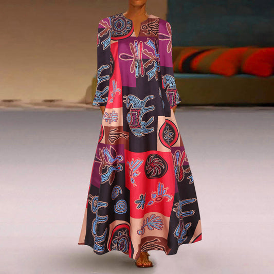 Women's V-Neck Long Sleeve Printed Dress with Pockets – Casual & Comfortable Maxi Dress