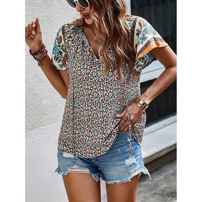 Women's Casual Short Sleeve Shirts Summer Boho Printed V Neck Drawstring Tunic Blouses