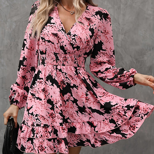 Women's Elegant Printed Lantern Sleeve A-Line Dress V-Neck, Ruffled Gathered Waist Detail, Flowy Midi Dress For Casual & Formal Occasions