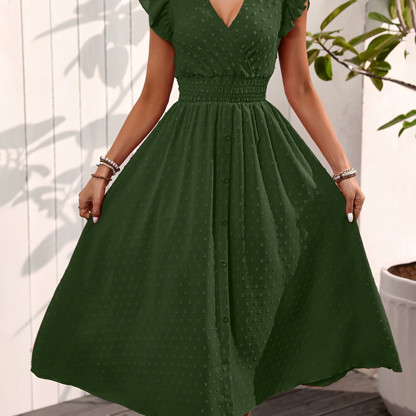 Women's Elegant V-Neck Maxi Dress – Summer Short Sleeve Dress with Ruffled Sleeves