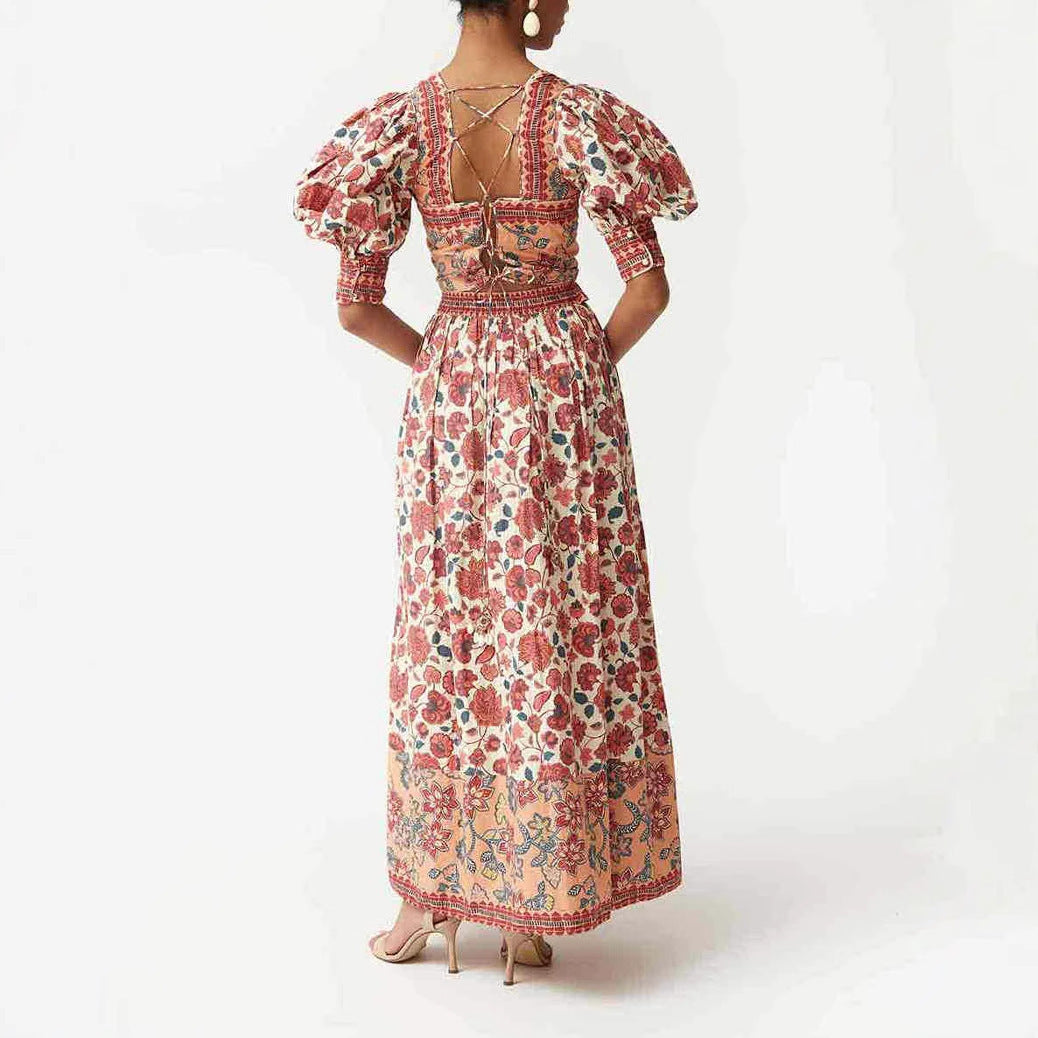 Casual Print Top Square Collar Skirt Two-piece Suit