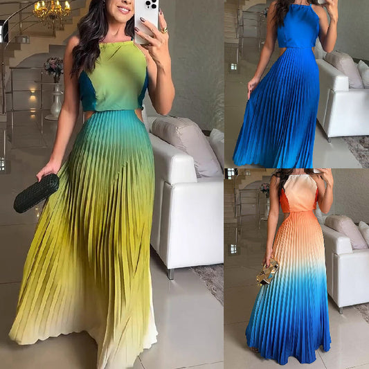 Women's Sleeveless Gradient Color Dress – European & American Style Backless Pleated Summer Maxi Dress