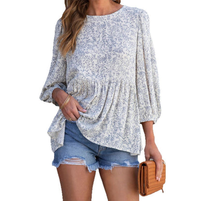 Women's Loose Floral Print Top – Lantern Short Sleeve Casual Summer Blouse