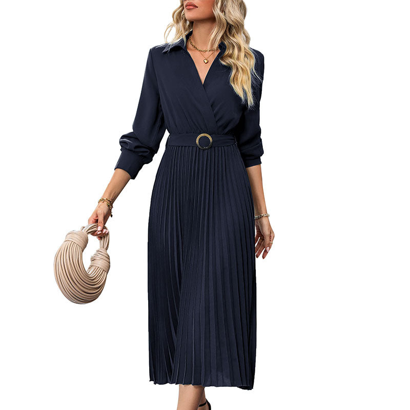 Women's Pleated Shirt Dress – Long Sleeve Lapel Collar Midi Dress