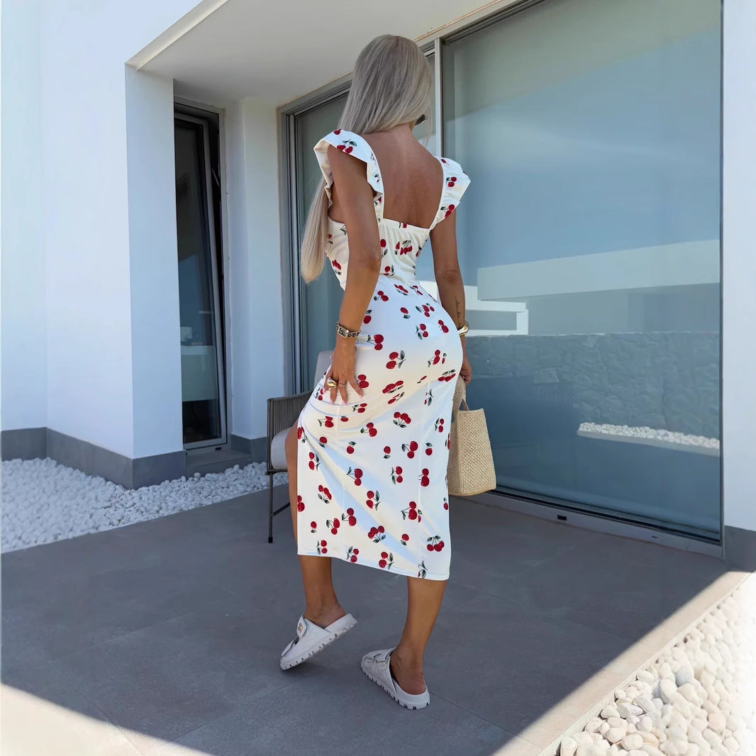 Women's French Flower Print Dress – Sleeveless Split Hem Summer Dress