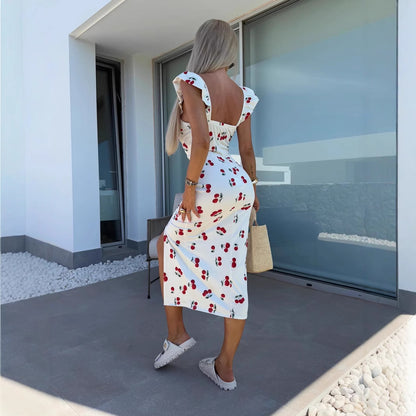 Women's French Flower Print Dress – Sleeveless Split Hem Summer Dress