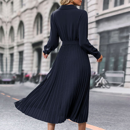 Women's Pleated Shirt Dress – Long Sleeve Lapel Collar Midi Dress