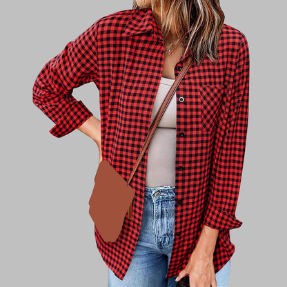 Women's Plaid Print Shirt - Lapel Collar Loose Fit Long Sleeve Blouse