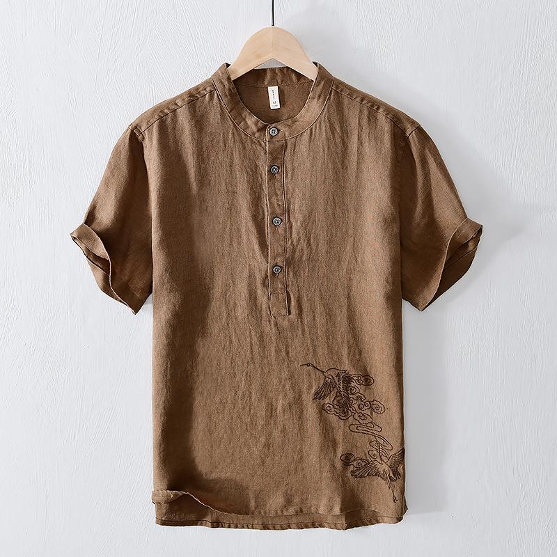 Men's National Style Embroidered Short Sleeve Shirt – Breathable Solid Color Summer Wear