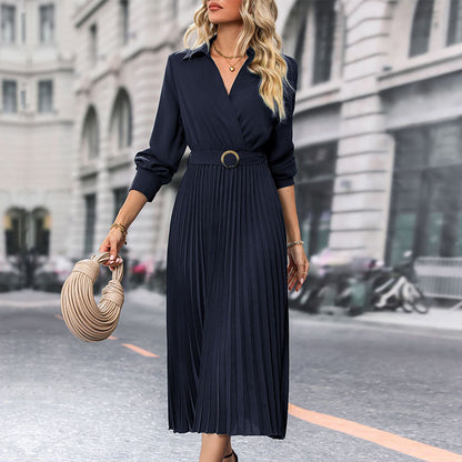 Women's Pleated Shirt Dress – Long Sleeve Lapel Collar Midi Dress