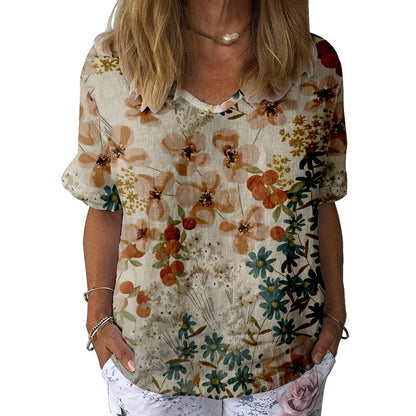 Women's Color 3D Digital Printed V-neck Short Sleeve