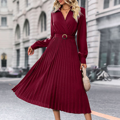 Women's Pleated Shirt Dress – Long Sleeve Lapel Collar Midi Dress