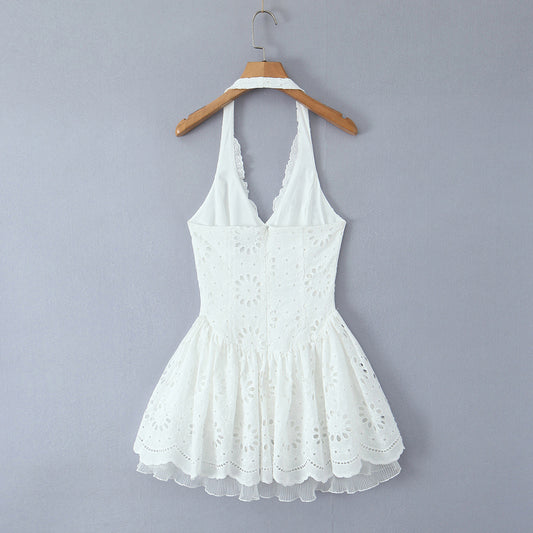 Women's Lace Embroidered Halter Dress – Slim Fit Elegant Sleeveless Evening Wea