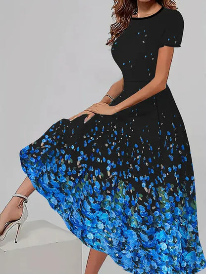 Women's Trendy Floral Print Short Sleeve Dress – Casual All-Match Round Neck Summer Outfit