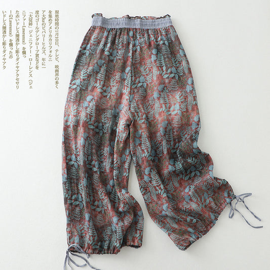 Women's Cotton Linen Retro Print Pants – Loose Fit Casual Trousers for Everyday Wear