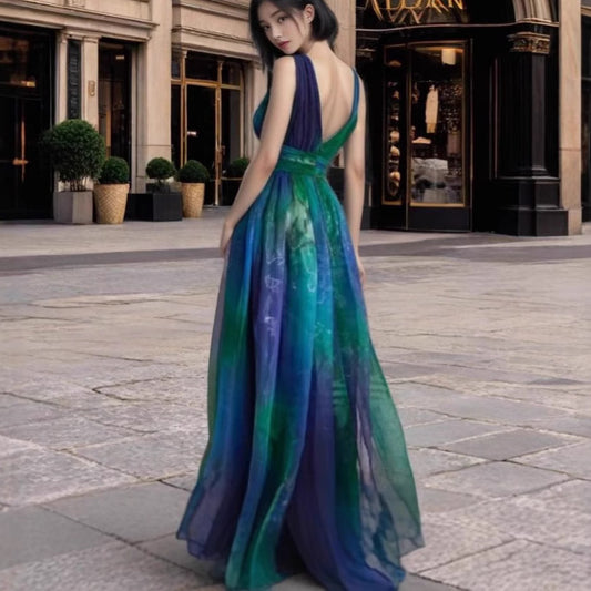 Women's Deep V-Neck Backless Chiffon Maxi Dress – Printed Sleeveless Big Swing Summer Dress