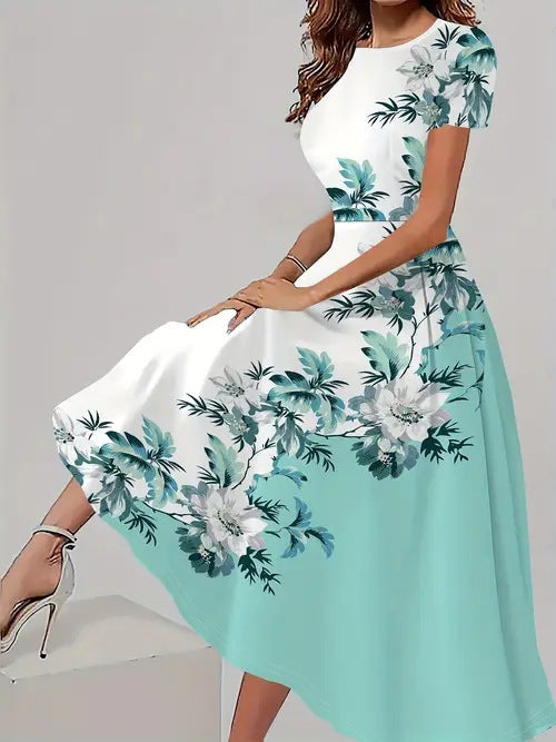 Women's Trendy Floral Print Short Sleeve Dress – Casual All-Match Round Neck Summer Outfit