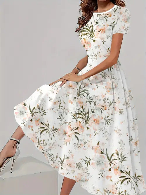 Women's Trendy Floral Print Short Sleeve Dress – Casual All-Match Round Neck Summer Outfit