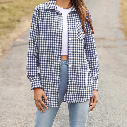 Women's Plaid Print Shirt - Lapel Collar Loose Fit Long Sleeve Blouse