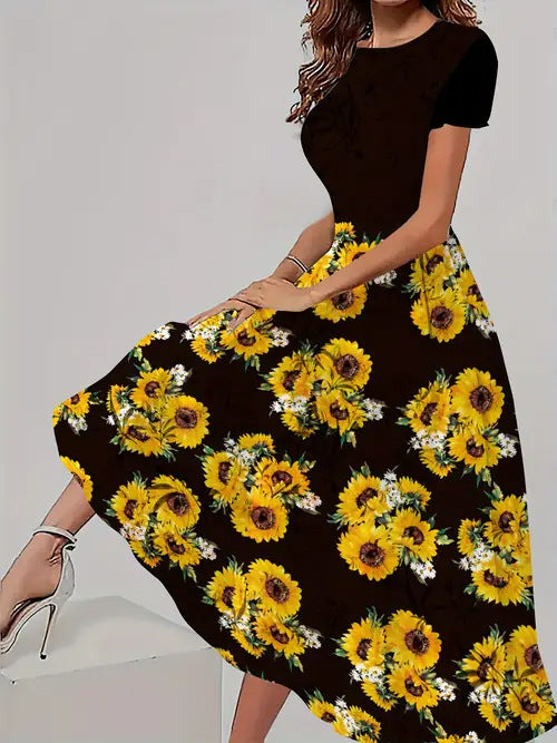 Women's Trendy Floral Print Short Sleeve Dress – Casual All-Match Round Neck Summer Outfit