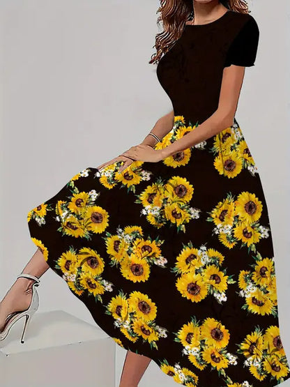 Women's Trendy Floral Print Short Sleeve Dress – Casual All-Match Round Neck Summer Outfit