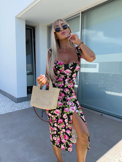 Women's French Flower Print Dress – Sleeveless Split Hem Summer Dress