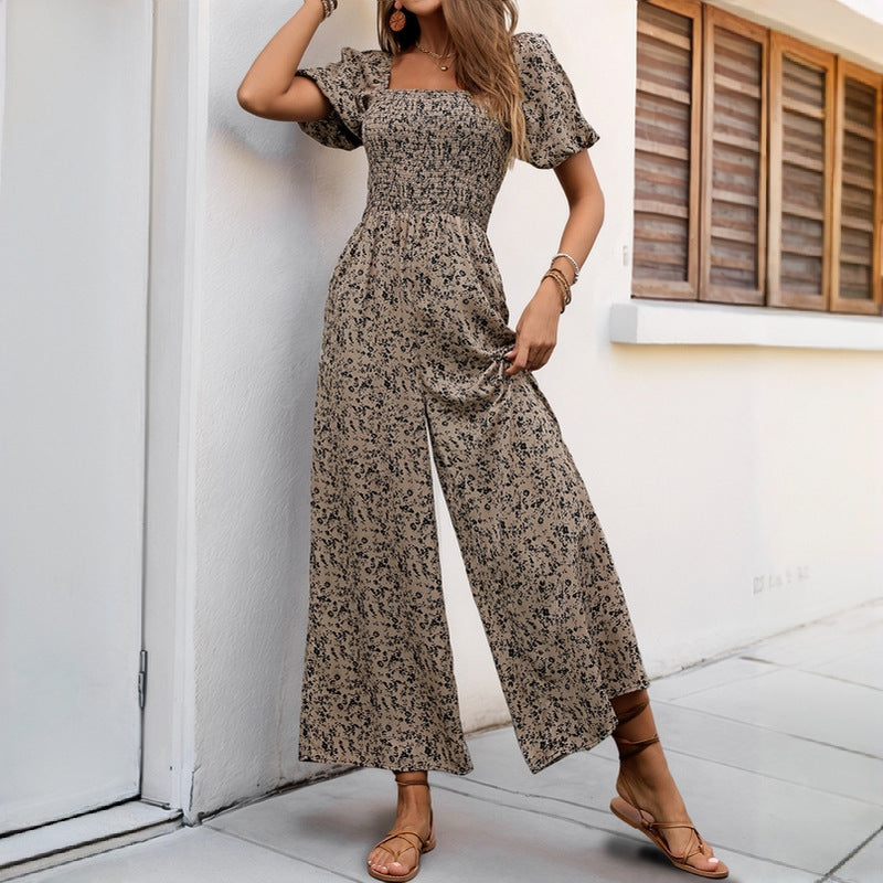 Women's Printed Wide Leg Jumpsuit - Fashion Boho Romper with Pockets