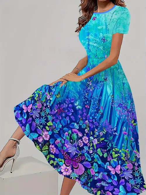 Women's Trendy Floral Print Short Sleeve Dress – Casual All-Match Round Neck Summer Outfit