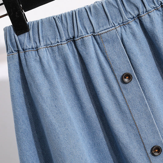 Plus Size Blue Denim Skirt – Elastic Waist, Double-Breasted Design